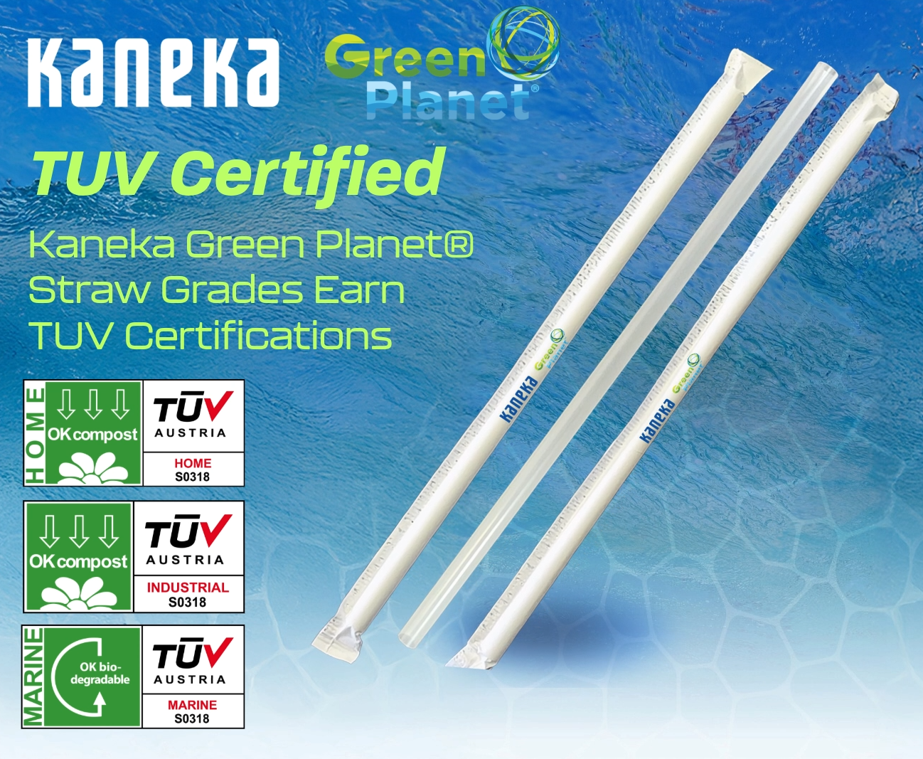 Kaneka Green Planet ears TUV Certifications for Home Compostable, Industrial Compostable and Marine Biodegradable